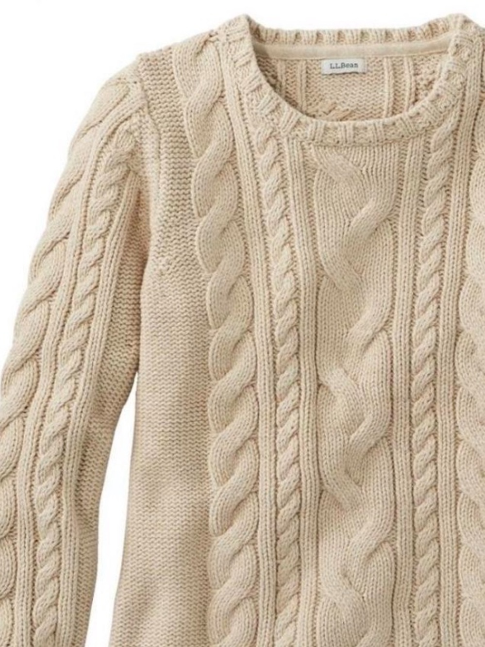 L.L. Bean Classic Double L Cable-Knit Crewneck Sweater in Beige